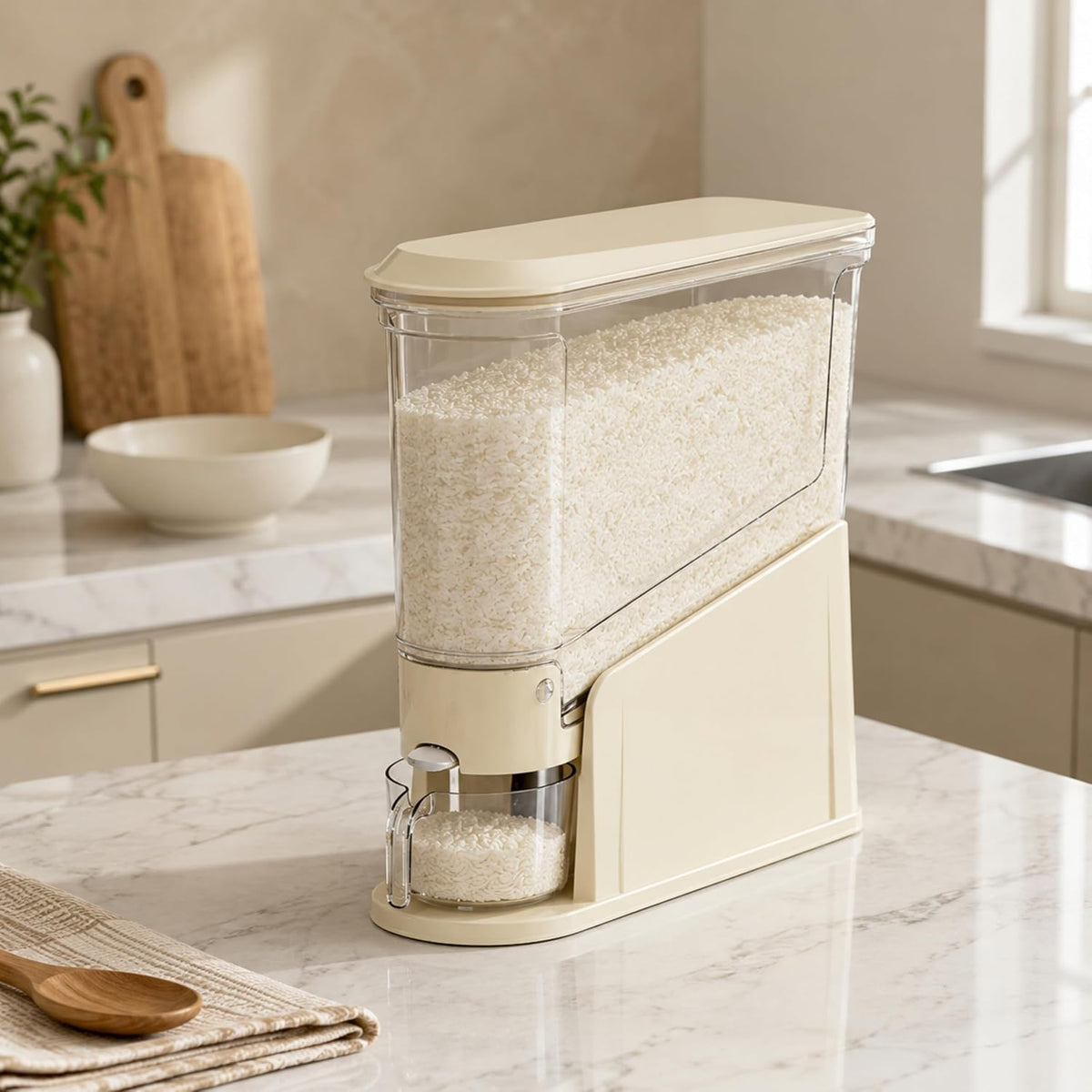 ROOM127 Rice Dispenser 22 Lbs, Large Airtight Grain Container, Cream White | Family Size Storage, BPA-Free, Moisture-Proof Seal, One-Touch Pouring, Clear Window, for Cereal, Beans, Oats & Dry Food