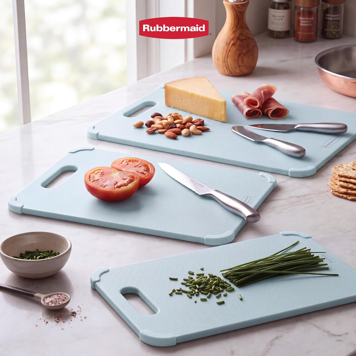 Rubbermaid 3pc Reversible Wheat Fiber Cutting Board Set | BPA Free Non Toxic Cutting Boards for Kitchen – Dishwasher Safe, Non-Slip Corners & Lightweight | For Meat, Veggies & Fruits