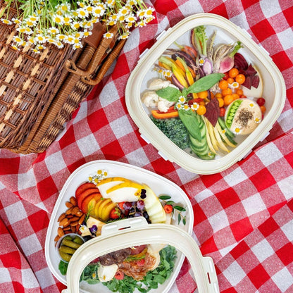 Crudités | Portable Snack Tray | Rectangle 2-Pack | Cream White | Reversible Stretch Lid Food Containers | BPA-Free, Freezer & Dishwasher Safe | Meal-Prep, Charcuterie, Salads, Picnic, Travel
