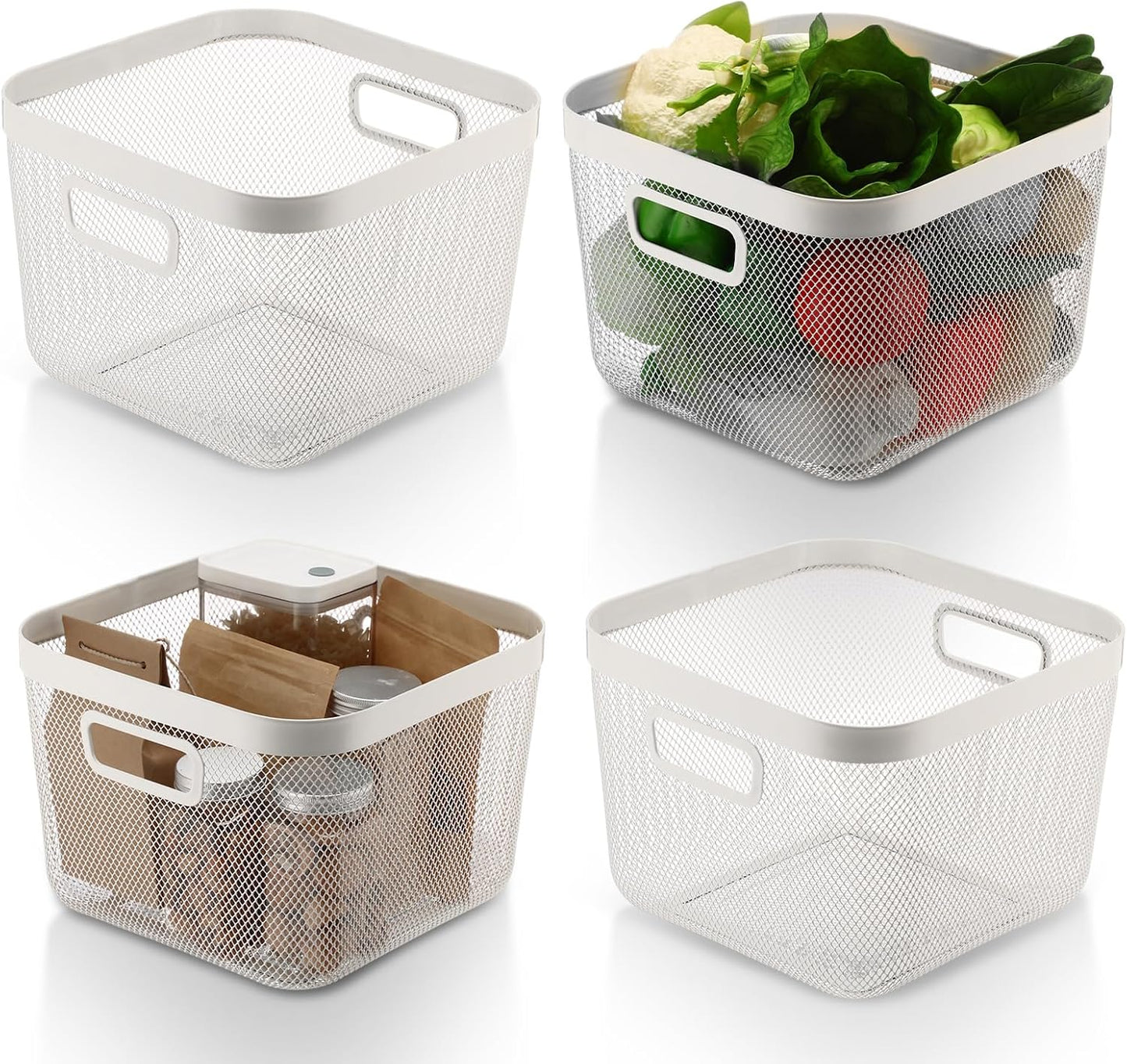 MorningRo 6 Pack Metal Mesh Basket with Hollow Handles Black Wire Storage Bin for Organizing Stackable Metal Fine Mesh Basket for Pantry Bathroom Kitchen Cabinets Shelves (Medium)