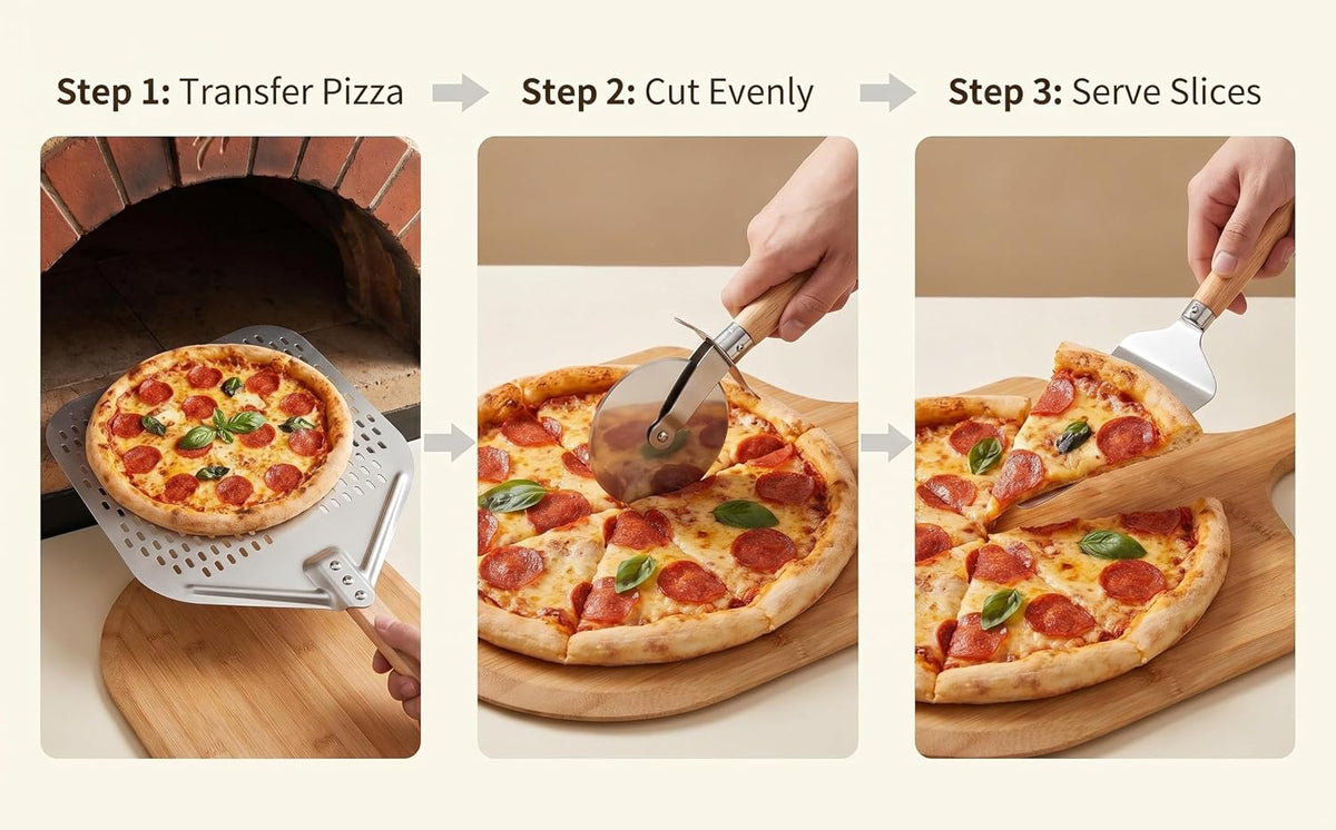 Perforated Pizza Peel Set, 12 x 14 Inch Stainless Steel Paddle with Detachable Wood Handle, Includes Peel, Cutter and Turner, 3 Piece