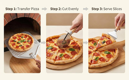 Perforated Pizza Peel Set, 12 x 14 Inch Stainless Steel Paddle with Detachable Wood Handle, Includes Peel, Cutter and Turner, 3 Piece