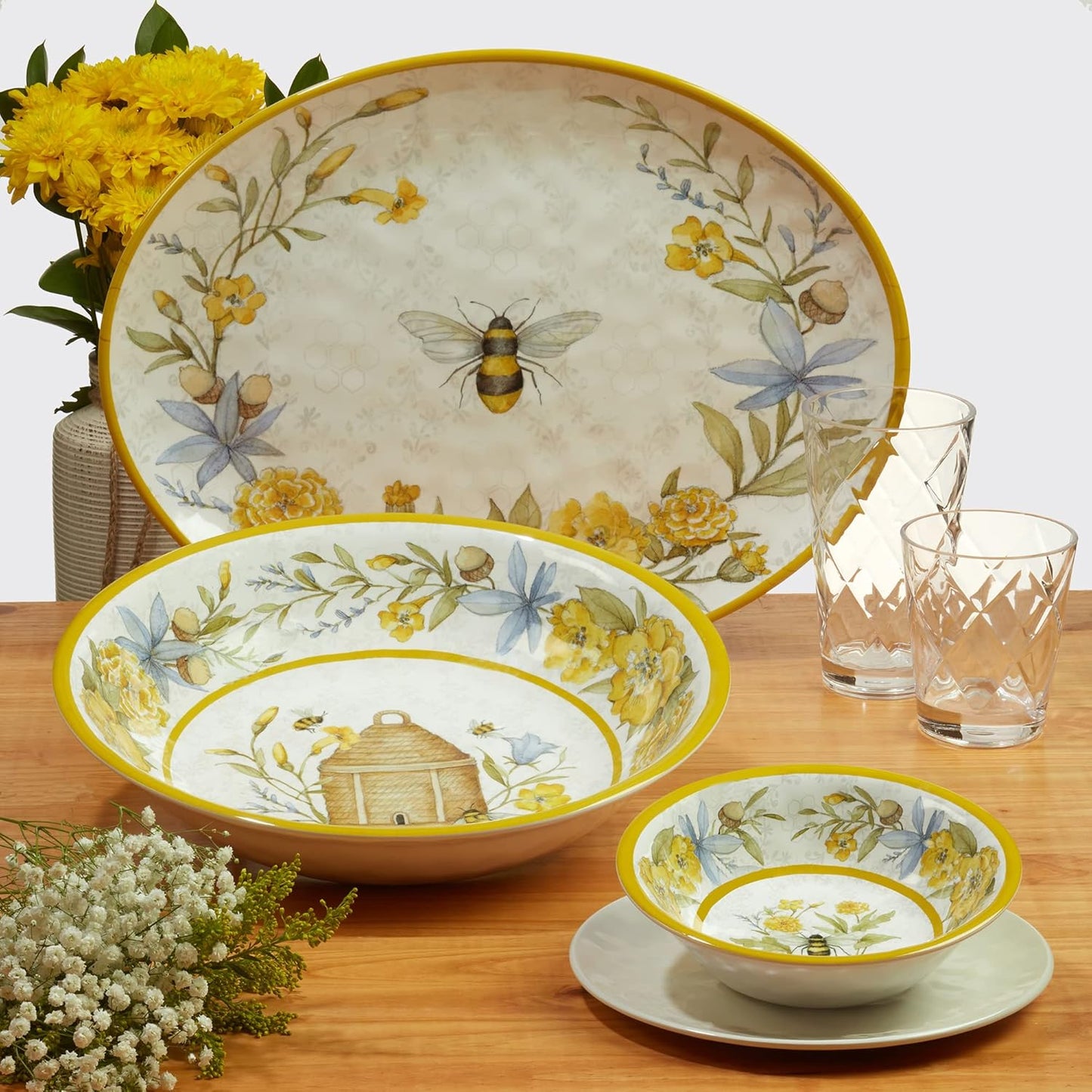 Bee Sweet 3-Piece Melamine Serveware Set – Includes 14.5" Chip & Dip, 14.5"x5.75" 3-Section Tray & 19"x8" Platter with Bee & Floral Designs for Spring Entertaining & Outdoor Dining