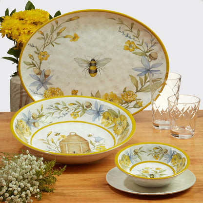 Bee Sweet 3-Piece Melamine Serveware Set – Includes 14.5" Chip & Dip, 14.5"x5.75" 3-Section Tray & 19"x8" Platter with Bee & Floral Designs for Spring Entertaining & Outdoor Dining