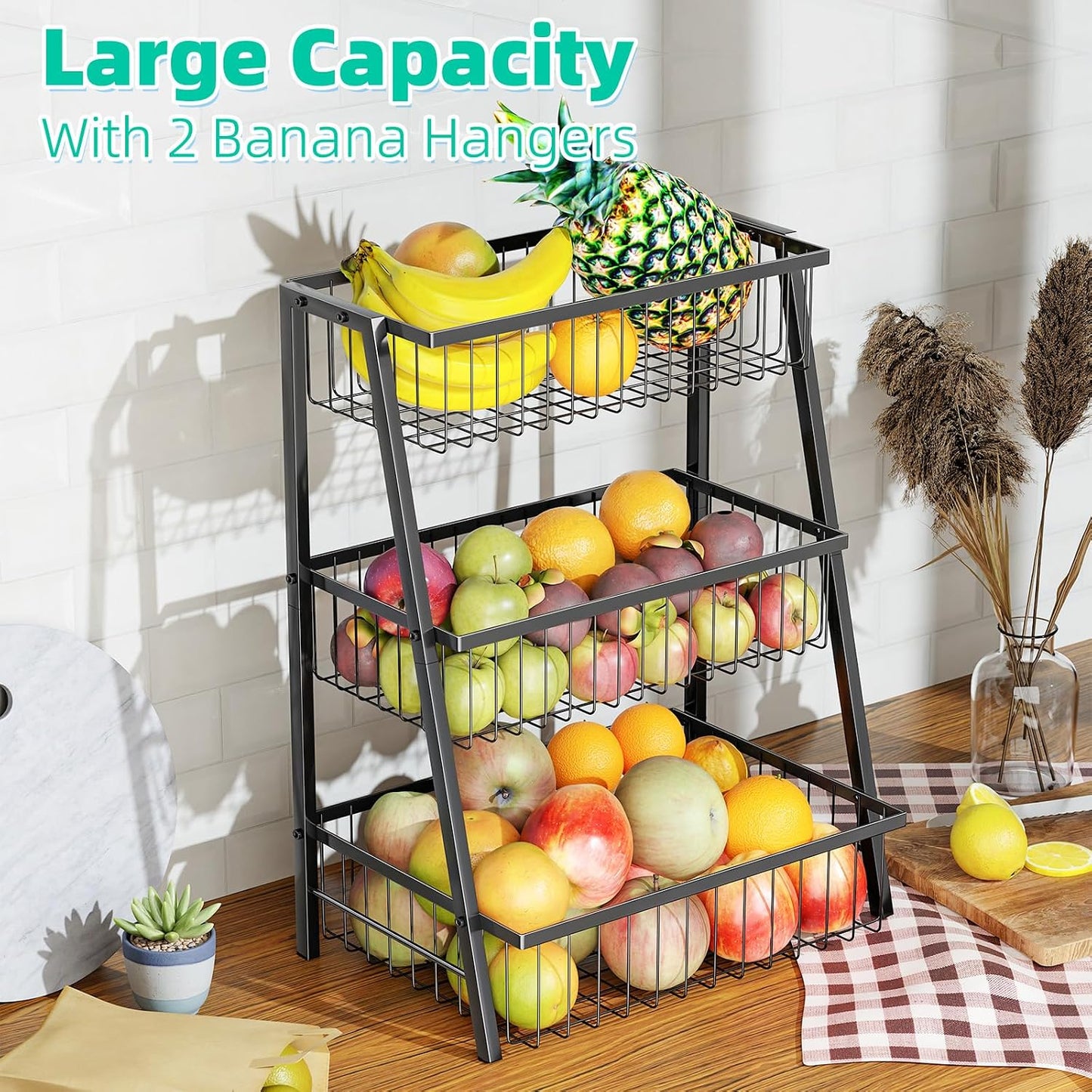 Simple Trending Fruit Basket 2-Tier Detachable, with Banana Hangers & Rust-Proof Metal Mesh, Ventilated Kitchen Organizer for Countertop, Perfect for Fruits, Vegetables, Snacks Storage