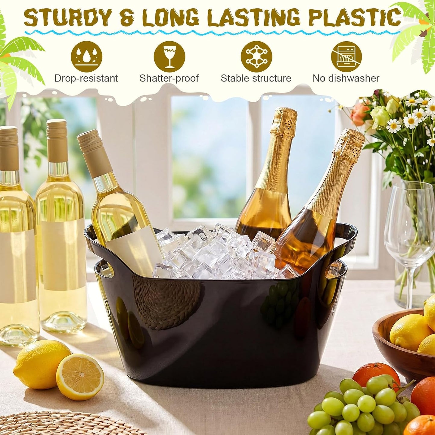meekoo 6 Pack 6l Ice Bucket for Parties, Plastic Beverage Tub with Handles, Portable Ice Drink Bucket for Wine, Champagne, Beer, Cocktail, Large Drink Chiller for Wedding, Bar, Picnic, Pool(White)