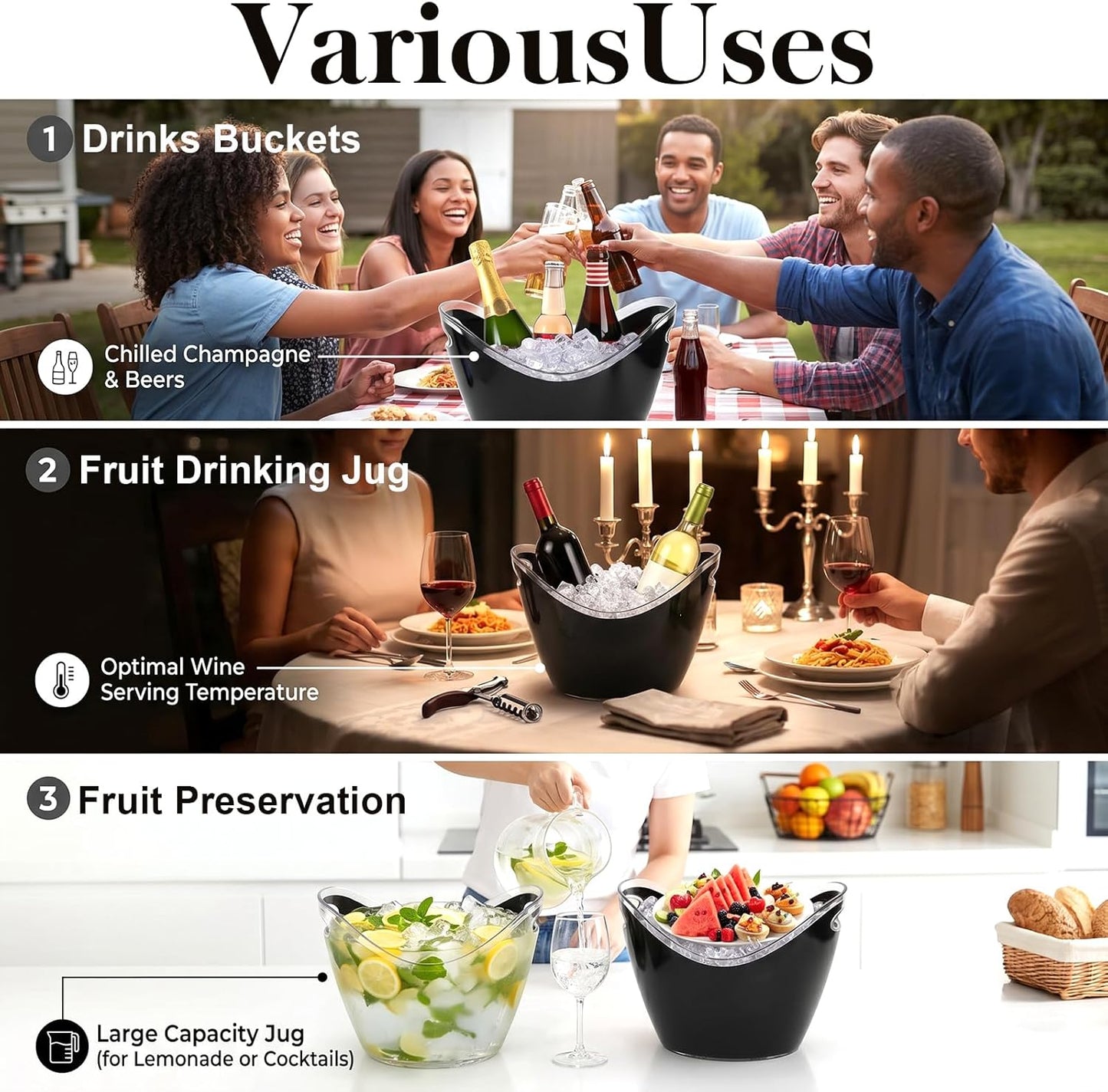 Yesland Ice Bucket, 3.5 L Black Plastic Party Bottle Chiller - 10.5 x 8 x 7-3/4 Inch Ice Beverage/Storage Tub - Perfect for Wine, Champagne or Beer Bottles