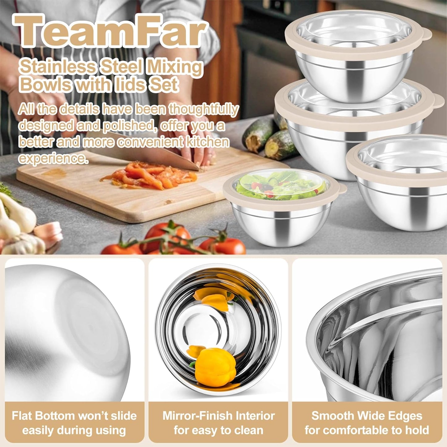 TeamFar Mixing Bowls Set, 4.5/3/1.5/1/0.7 QT Stainless Steel Nesting Salad Bowls with Airtight Lids, For Serving/Mixing/Storing, Non-Toxic & Heavy Duty, Visible & Easy Clean, Black, Set of 5
