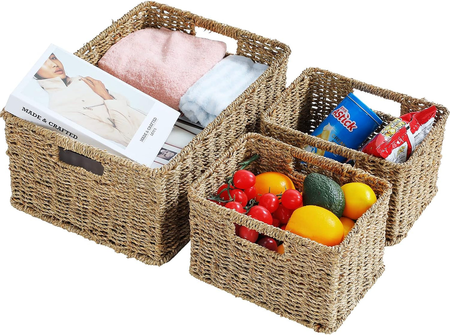 HOONEX Water Hyacinth Storage Baskets, Wicker Baskets for Storage, Hand Woven Baskets with Carry Handles, Set of 2, Natural