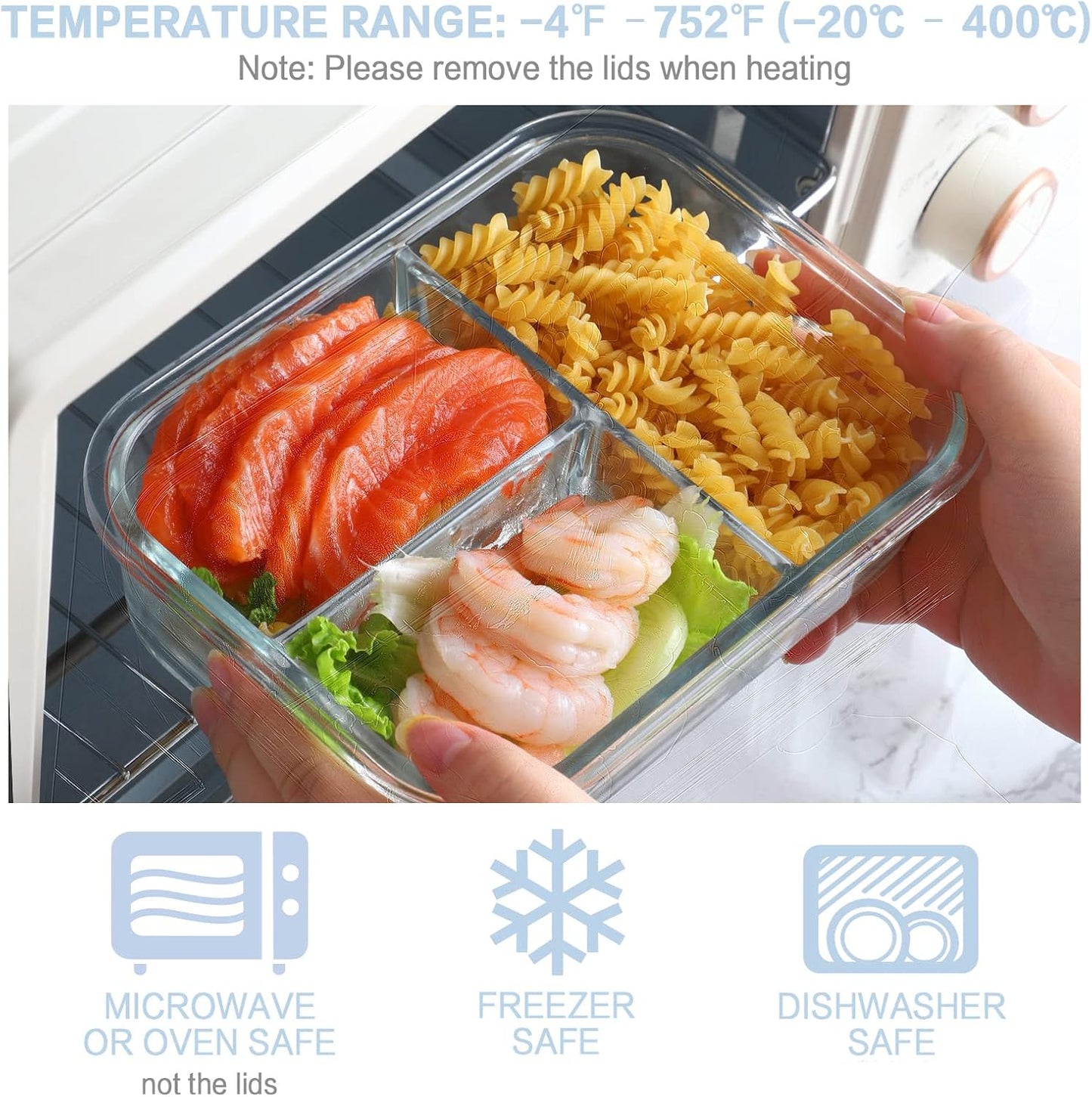 Bayco 8 Pack Glass Meal Prep Containers 3 Compartment, Glass Food Storage Containers with Lids, Airtight Lunch Bento Boxes, Leak Proof (8 lids & 8 Container) - Grey