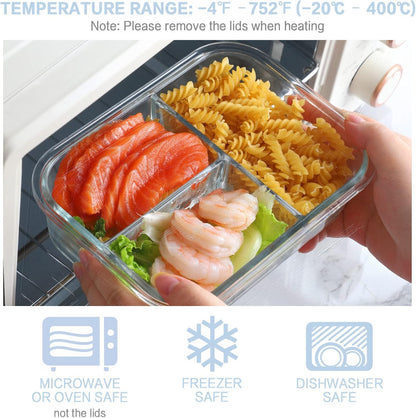 Bayco 8 Pack Glass Meal Prep Containers 3 Compartment, Glass Food Storage Containers with Lids, Airtight Lunch Bento Boxes, Leak Proof (8 lids & 8 Container) - Grey