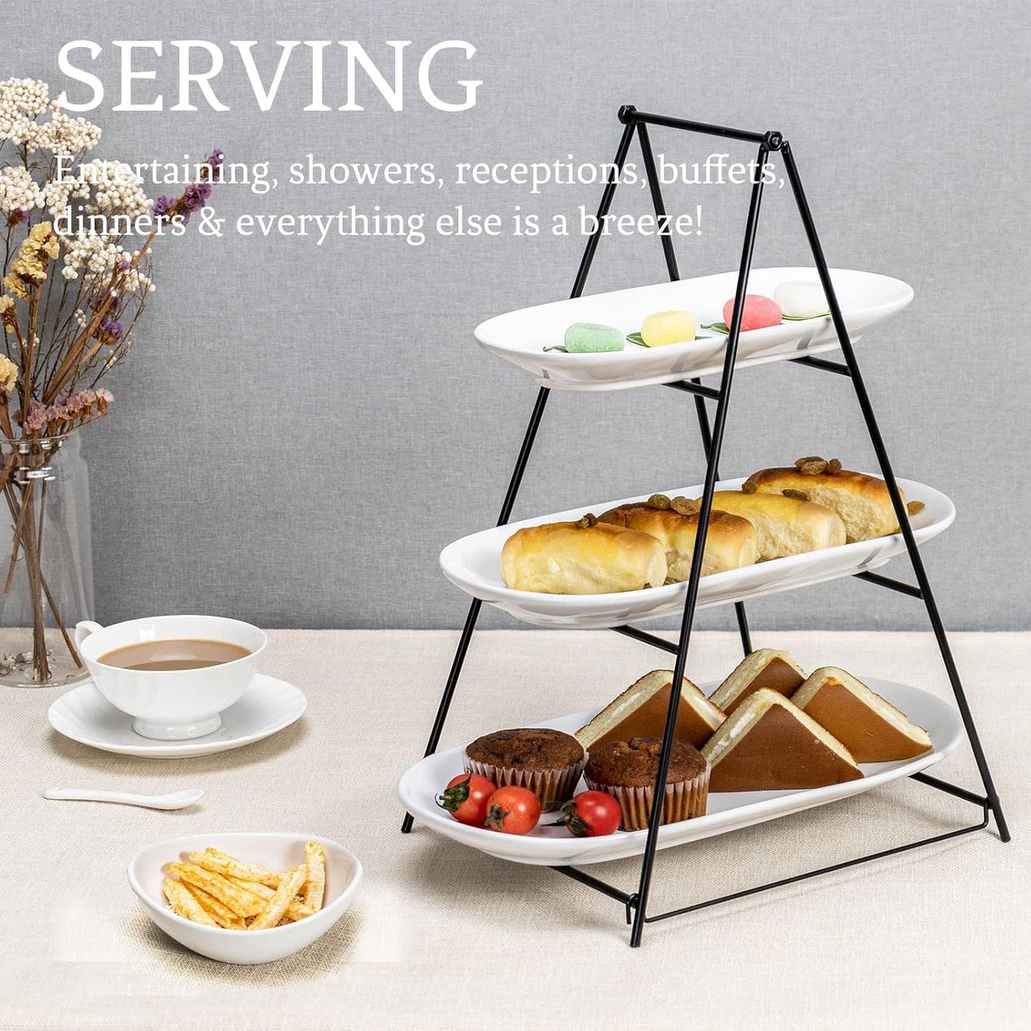 UNICASA Serving Bowls Set, 2 Tier Chip and Dip Bowls with Metal Rack Stand for Fruit, Salad, Candy, Snacks - Ceramic Tiered Appetizer Serving Dishes Food Display Stand for Parties, Kitchen