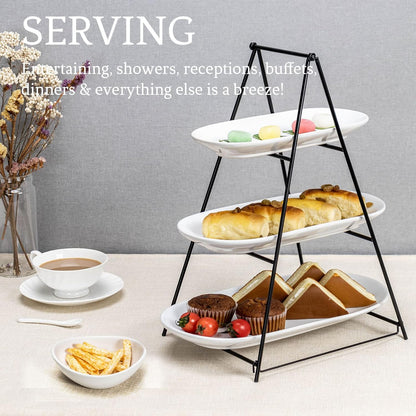 UNICASA Serving Bowls Set, 2 Tier Chip and Dip Bowls with Metal Rack Stand for Fruit, Salad, Candy, Snacks - Ceramic Tiered Appetizer Serving Dishes Food Display Stand for Parties, Kitchen