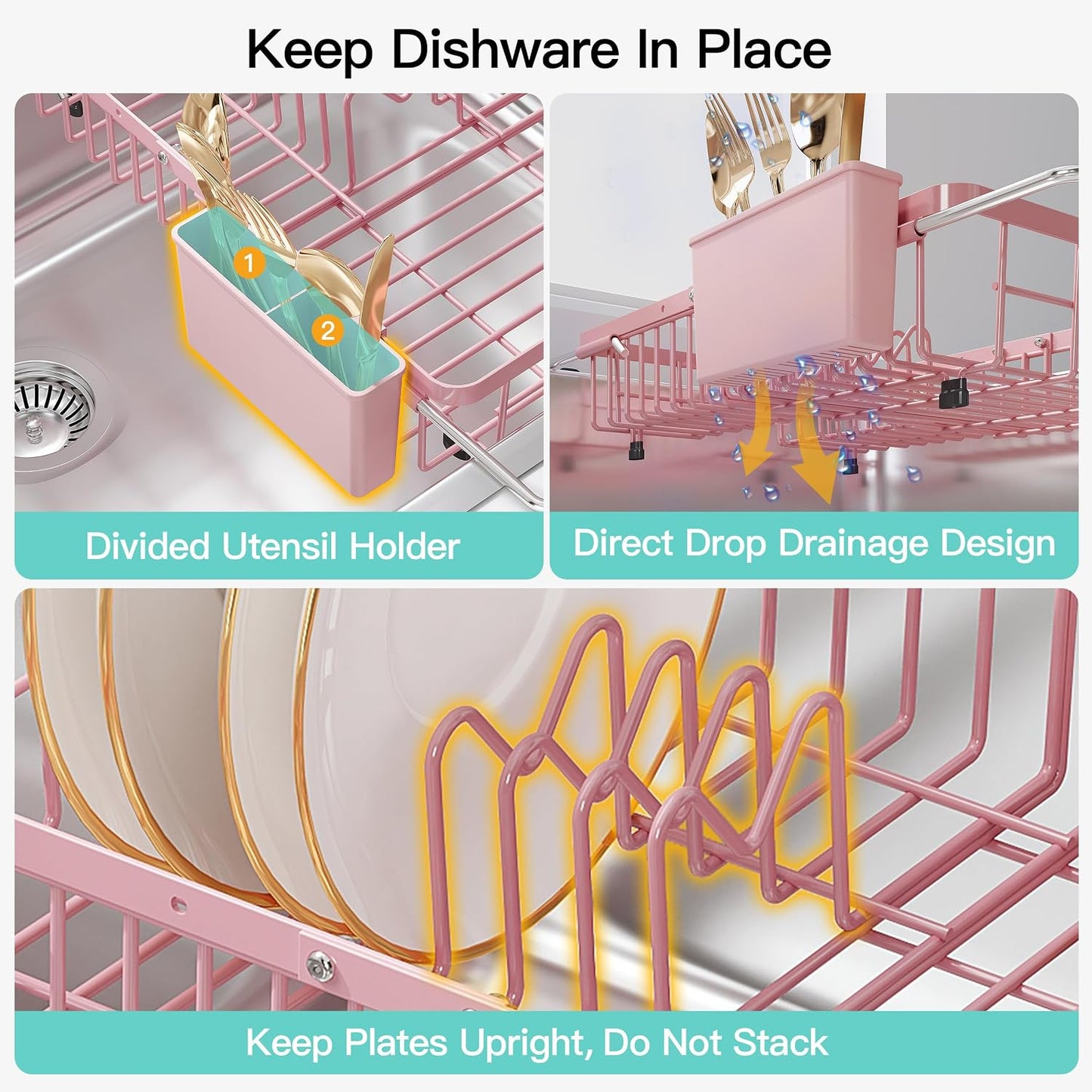 JASIWAY Dish Drying Rack in Sink, Expandable Stainless Steel Dish Drainers for Kitchen Counter, Dish Dryer Rack for Inside Sink, Over The Sink Dish Racks with Utensil Holder, Silver