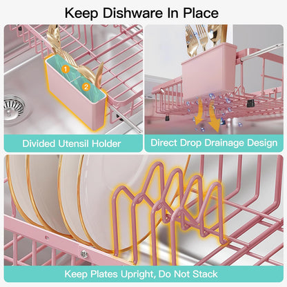 JASIWAY Dish Drying Rack in Sink, Expandable Stainless Steel Dish Drainers for Kitchen Counter, Dish Dryer Rack for Inside Sink, Over The Sink Dish Racks with Utensil Holder, Silver