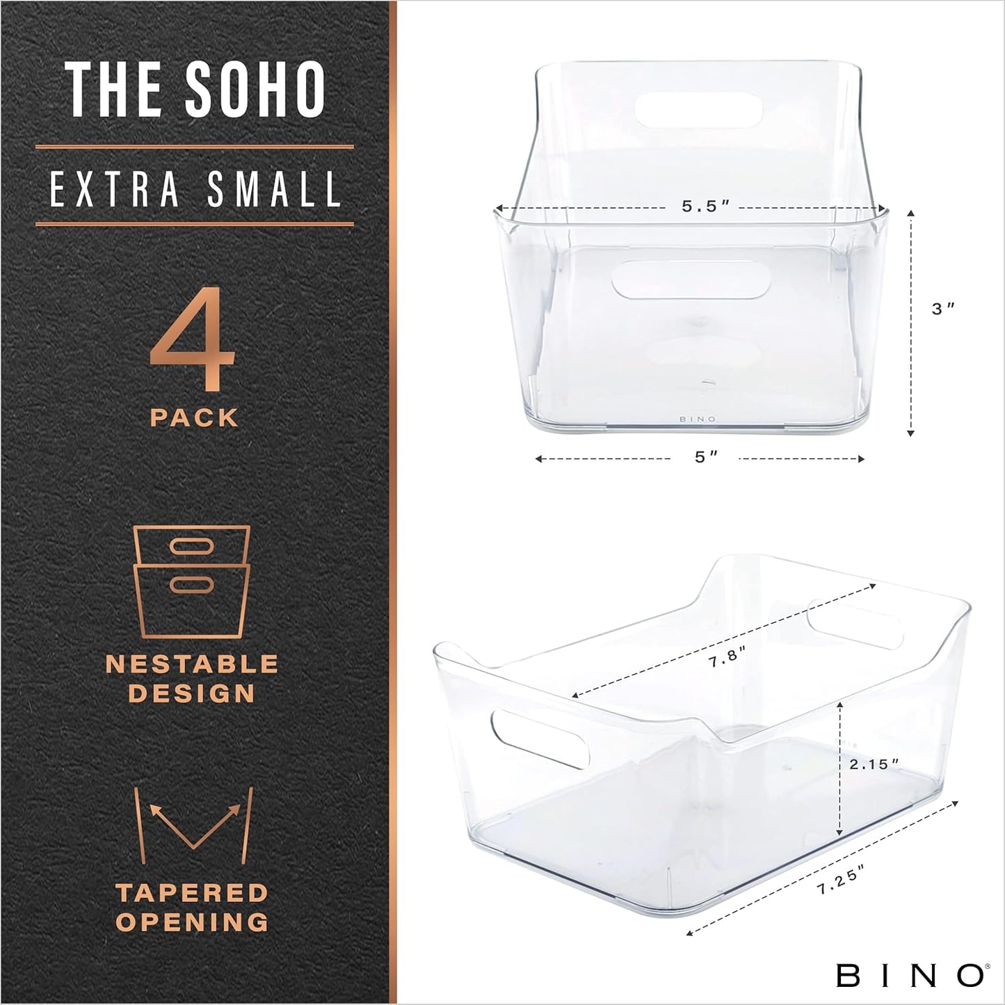 BINO | Plastic Organizer Bins, Large - 4 Pack | The SOHO Collection | Multi-Use | Pantry & Freezer Organizer Bins | Plastic Storage Containers for Home & Kitchen Org