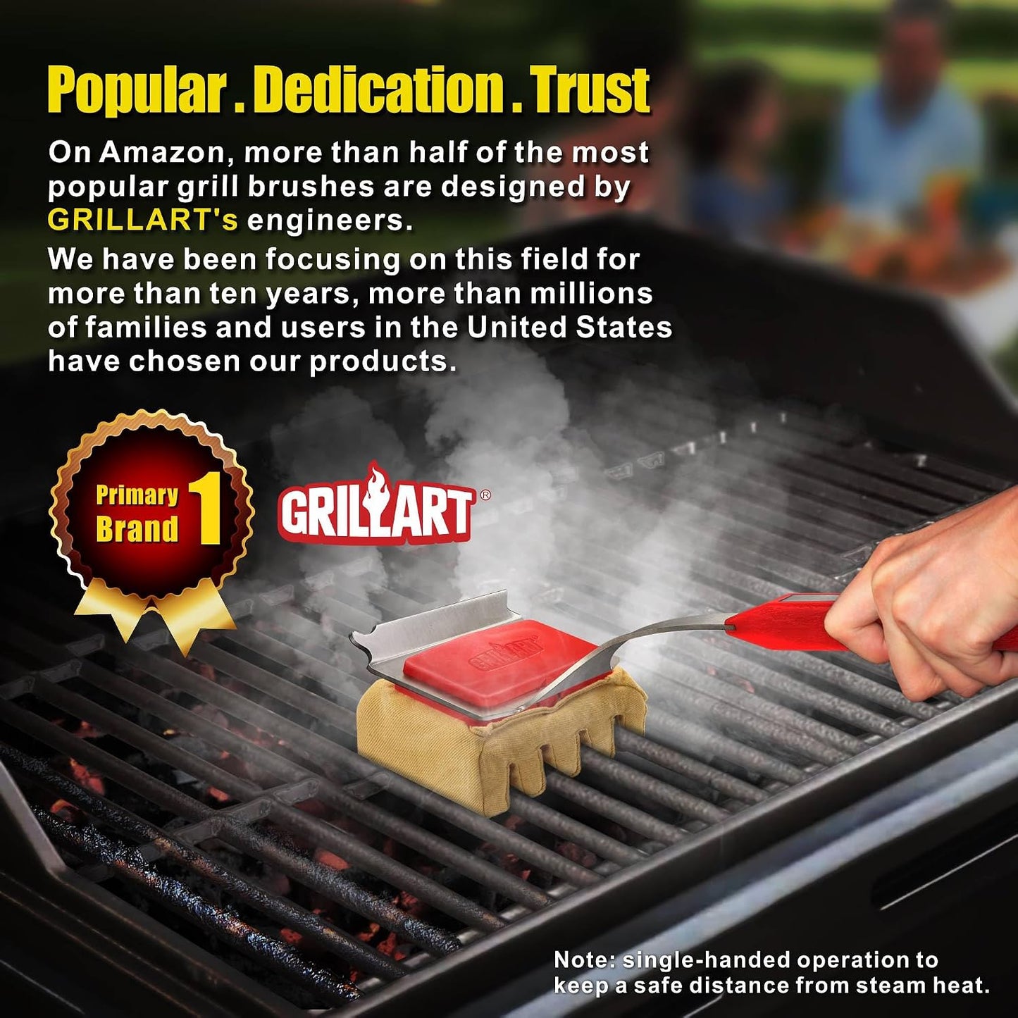 GRILLART Grill Brush Bristle Free. SteamWizards BBQ Replaceable Cleaning Head, Seamless-Fit Scraper Tools for Cast Iron/Stainless-Steel Grates Griddle, Safe Barbecue Grill Cleaner Brush-Dark Black