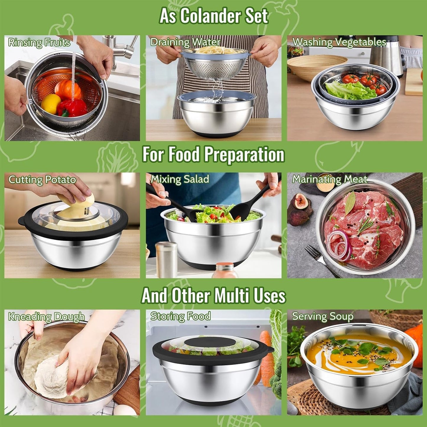 P&P CHEF 4-In-1 Stainless Steel Colander with Bowl Set, Rotatable Strainers for Kitchen, Fruit Cleaner, Washing Fruit & Draining Pasta, Mixing Bowl and Lid with Grater for Salad, Black