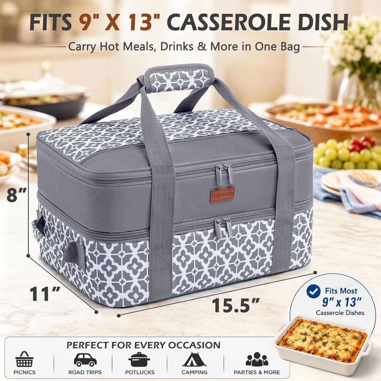 Double Layer Insulated Casserole Carrier, Fits 9" x 13" Baking Dish, Food Transport Carrier with Utensil Pocket for Hot & Cold Dishes, Reusable Potluck Tote for Thanksgiving, Parties&Family Gatherings