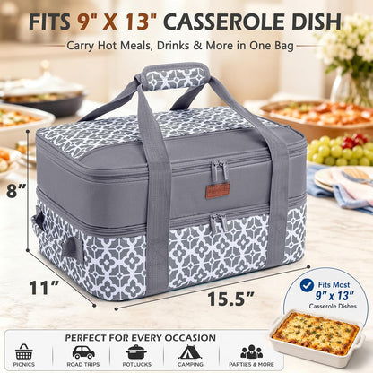 Double Layer Insulated Casserole Carrier, Fits 9" x 13" Baking Dish, Food Transport Carrier with Utensil Pocket for Hot & Cold Dishes, Reusable Potluck Tote for Thanksgiving, Parties&Family Gatherings