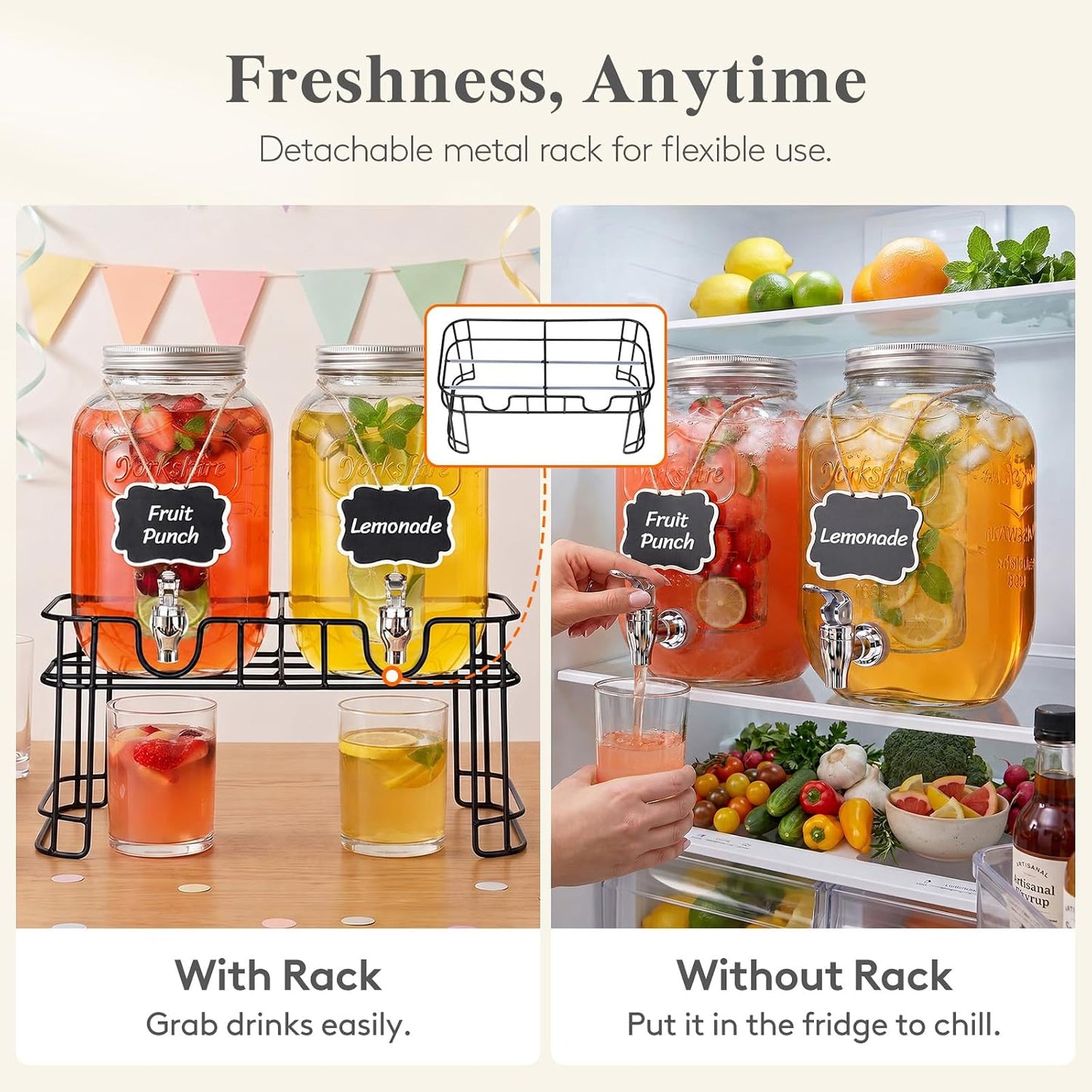 Lifewit 2 Gallon Glass Drink Dispenser for Parties, Beverage Container with Stand for Juice/Tea/Soda & Lemonade, Water Pitcher with Leakproof Spigot for Mimosa Bar, Birthday, Wedding Hosting, 2 Pcs