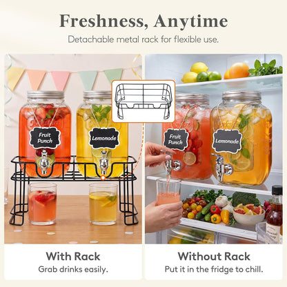 Lifewit 2 Gallon Glass Drink Dispenser for Parties, Beverage Container with Stand for Juice/Tea/Soda & Lemonade, Water Pitcher with Leakproof Spigot for Mimosa Bar, Birthday, Wedding Hosting, 2 Pcs
