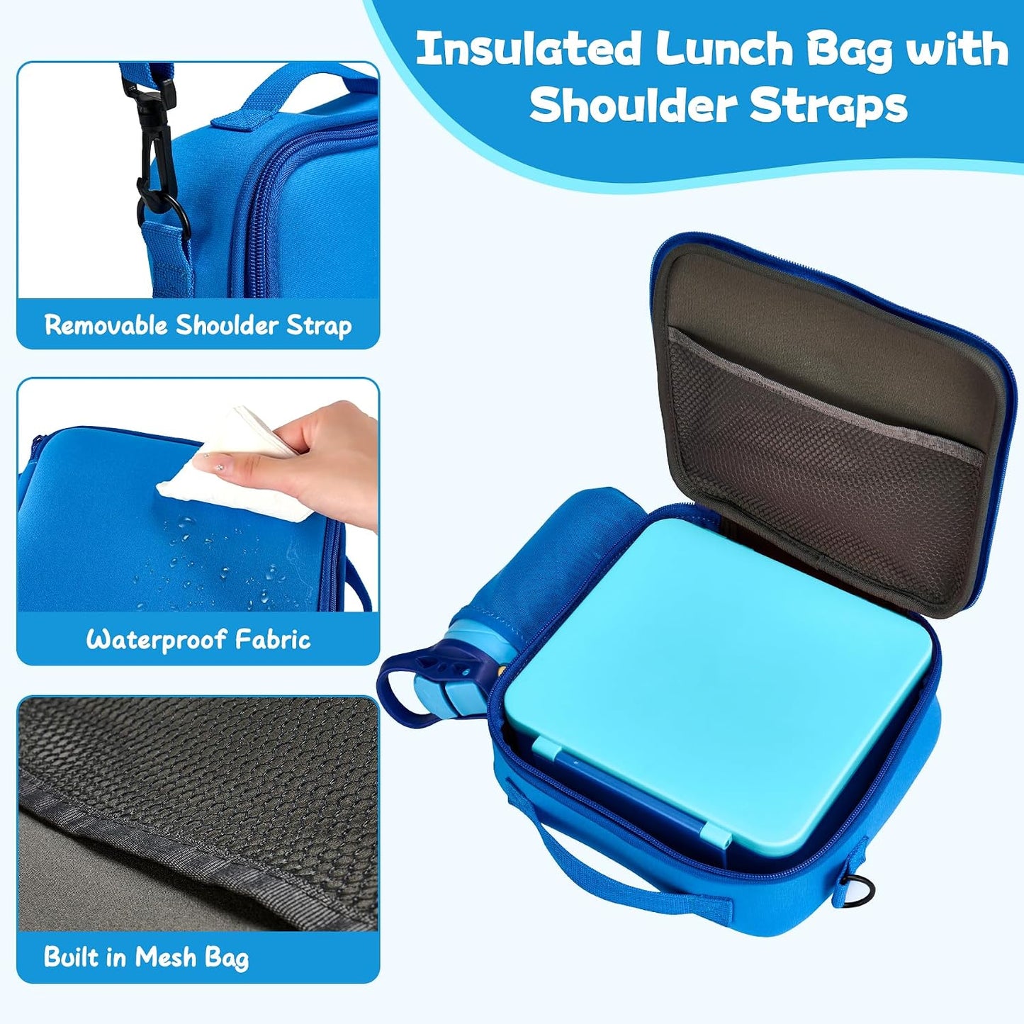 Kids Bento Lunch Box with 8oz Soup Thermo, Water Bottle, Kids Leakproof Lunch Food Containers with 4 Compartment, Insulated Hot Food Jar with Lunch Bag for School, Trvael (Black)