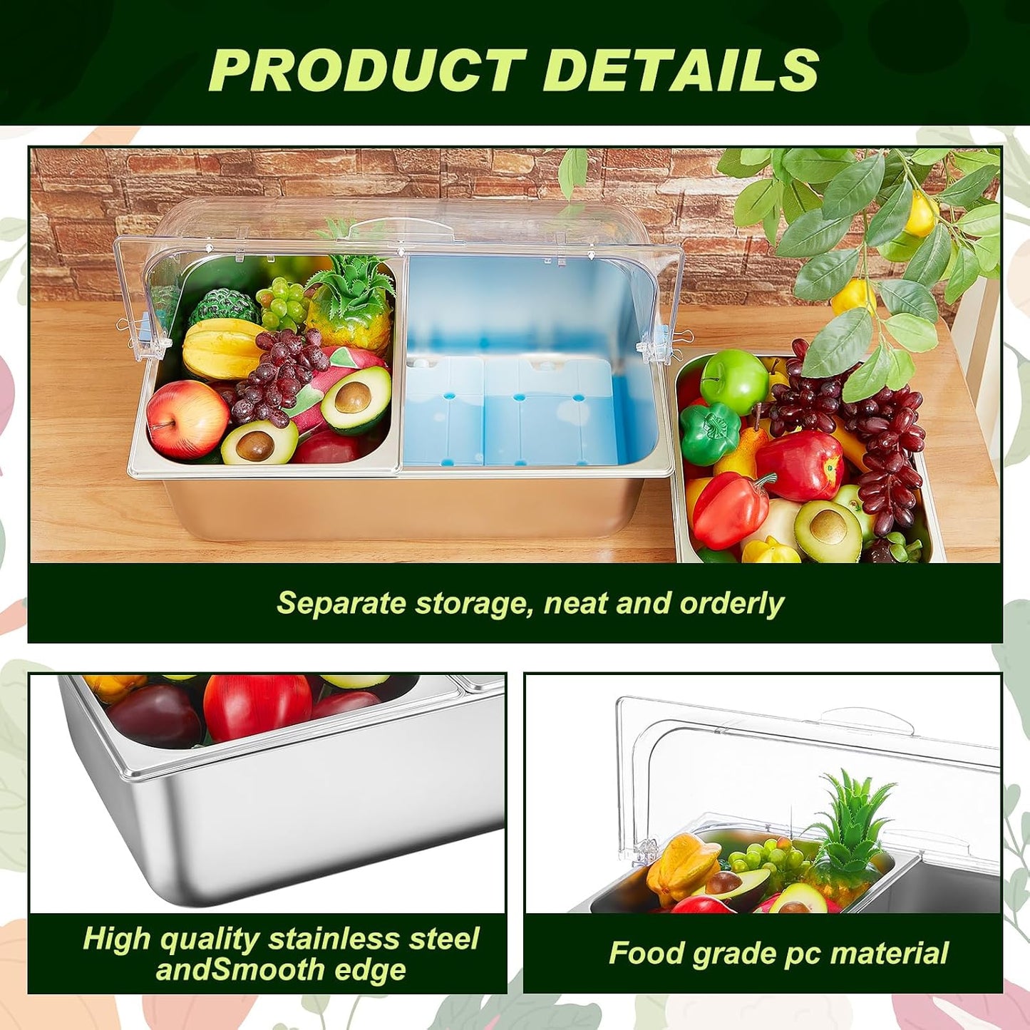 Condiment Tray Stainless Steel Serving Display Set with Lid for Buffet Restaurant Kitchen, Food Chilled Container for Salad Fruit Condiments, Keeps Food Fresh with Ice Box(6 Compartments)
