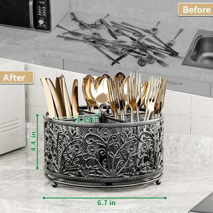 YIUKEA 360° Rotating Utensil Caddy - Silverware Cutlery Caddy Holder with 4 Compartment, Metal Flatware Organizer Countertop with Handle for Party Camping Picnic, Kitchen Counter, Office (Silver)