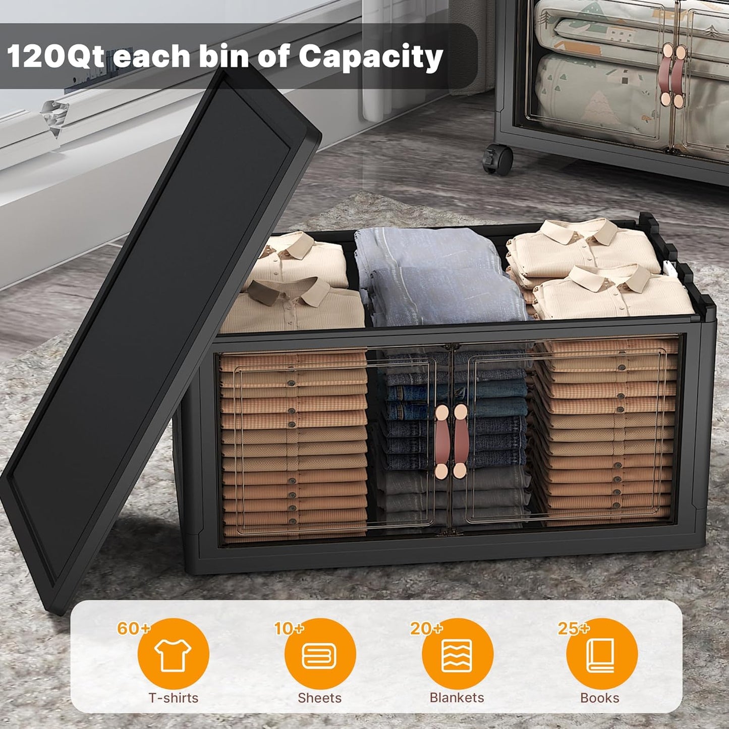 UAMFURI 720QT Stackable Storage Bins with Lids, Extra Large Storage Cabinet with Doors and Wheels, Collapsible Plastic Storage Box for Bedroom Dorm Office Garage