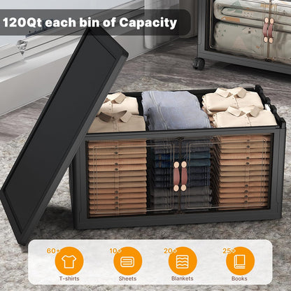UAMFURI 720QT Stackable Storage Bins with Lids, Extra Large Storage Cabinet with Doors and Wheels, Collapsible Plastic Storage Box for Bedroom Dorm Office Garage