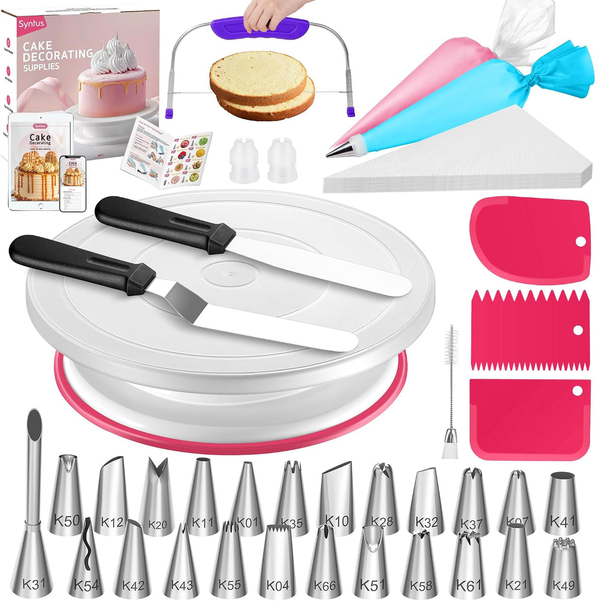 Syntus 65 PCs Cake Decorating Kit with Cake Stand, Cake Baking Supplies