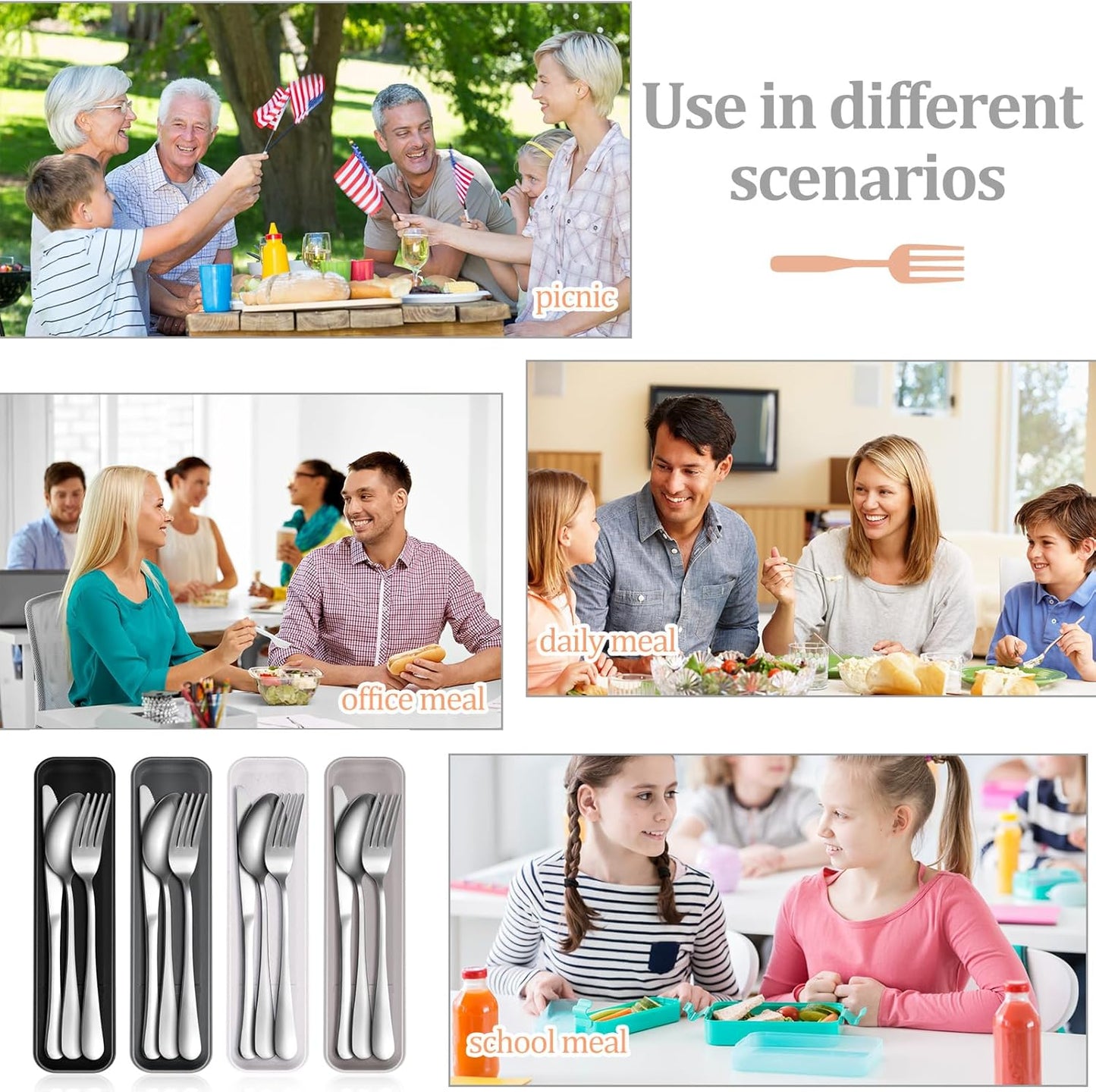 Yinkin 4 Pack Portable Travel Utensils Set with Case Reusable Stainless Steel Silverware Flatware Camping Cutlery Include Fork Spoon Knife for Work School Dishwasher Safe(White, Green, Red, Black)