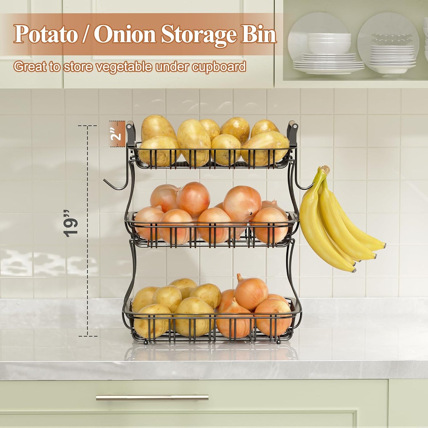 3 Tier Fruit Basket with 2 Banana Hooks, Large Capacity Multifunctional Detachable Sturdy Fruit Bowl with Wooden Handle Mesh Top for Kitchen Counter, for Bread Snacks Vegetables Produce, Black
