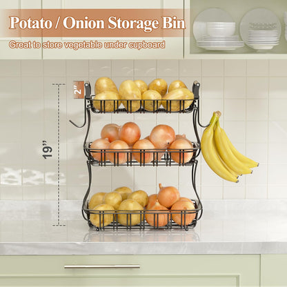 3 Tier Fruit Basket with 2 Banana Hooks, Large Capacity Multifunctional Detachable Sturdy Fruit Bowl with Wooden Handle Mesh Top for Kitchen Counter, for Bread Snacks Vegetables Produce, Black