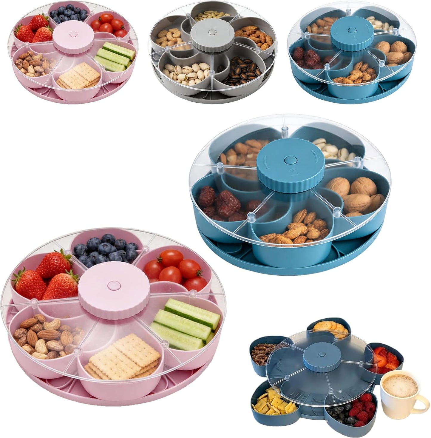 Divided Serving Tray that Spins – Perfect for Snacks, Dips & Party Appetizers with Lid, 5-Compartment Lazy Susan Organizer, Portable Veggie Platter for Party|Travel|Picnic (Blue)