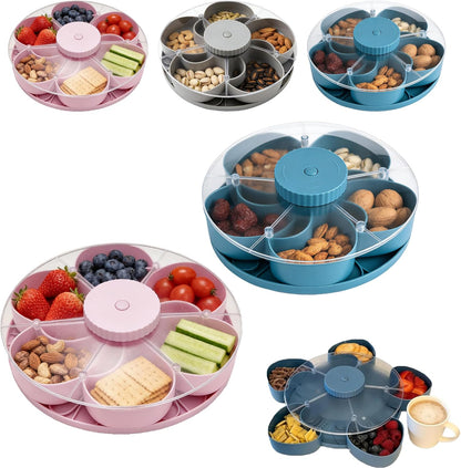 Divided Serving Tray that Spins – Perfect for Snacks, Dips & Party Appetizers with Lid, 5-Compartment Lazy Susan Organizer, Portable Veggie Platter for Party|Travel|Picnic (Blue)