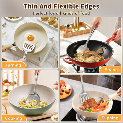 2 Pcs Stainless Steel Spatulas Set, Metal Spatula Solid & Slotted Turner, Heavy Duty Sturdy Spatula for Kitchen Use, High Heat Resistant Cooking Utensils for Fish Eggs Pancakes, Easy to Clean, Silver