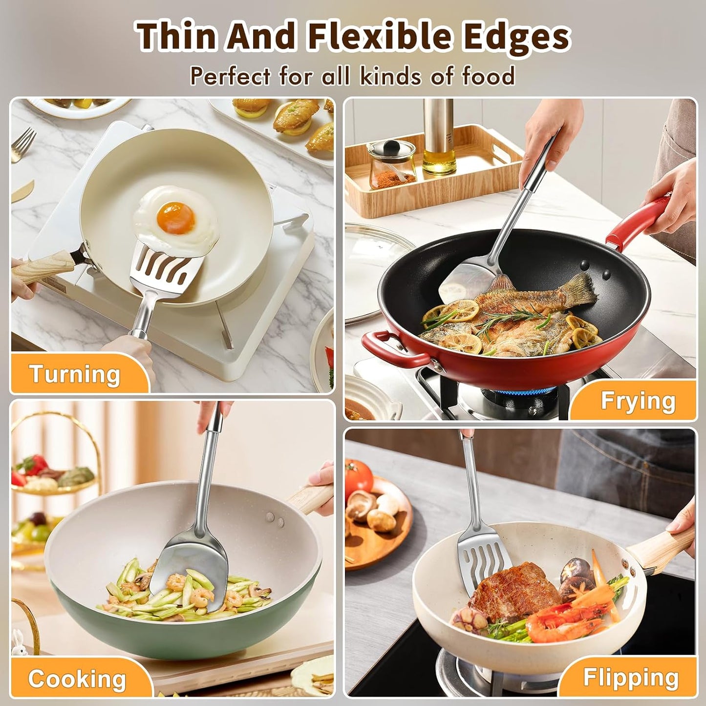 2 Pcs Stainless Steel Spatulas Set, Metal Spatula Solid & Slotted Turner, Heavy Duty Sturdy Spatula for Kitchen Use, High Heat Resistant Cooking Utensils for Fish Eggs Pancakes, Easy to Clean, Silver
