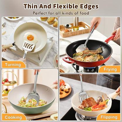 2 Pcs Stainless Steel Spatulas Set, Metal Spatula Solid & Slotted Turner, Heavy Duty Sturdy Spatula for Kitchen Use, High Heat Resistant Cooking Utensils for Fish Eggs Pancakes, Easy to Clean, Silver