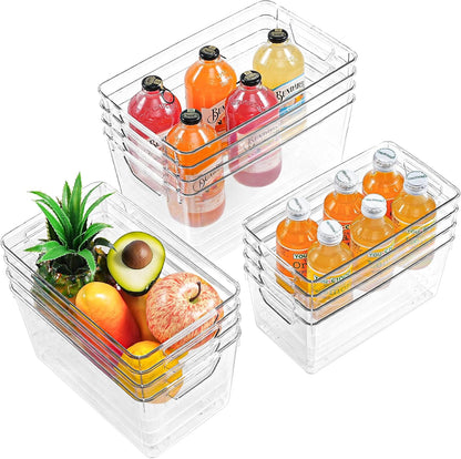 Freebat 12 Pack Middle Organizers and Storage, Pantry Organization and Storage Bins, Cabinet Organizer, Clear Plastic Storage Containers with Handle，Acrylic Storage Bins for Cabinet, Fridge
