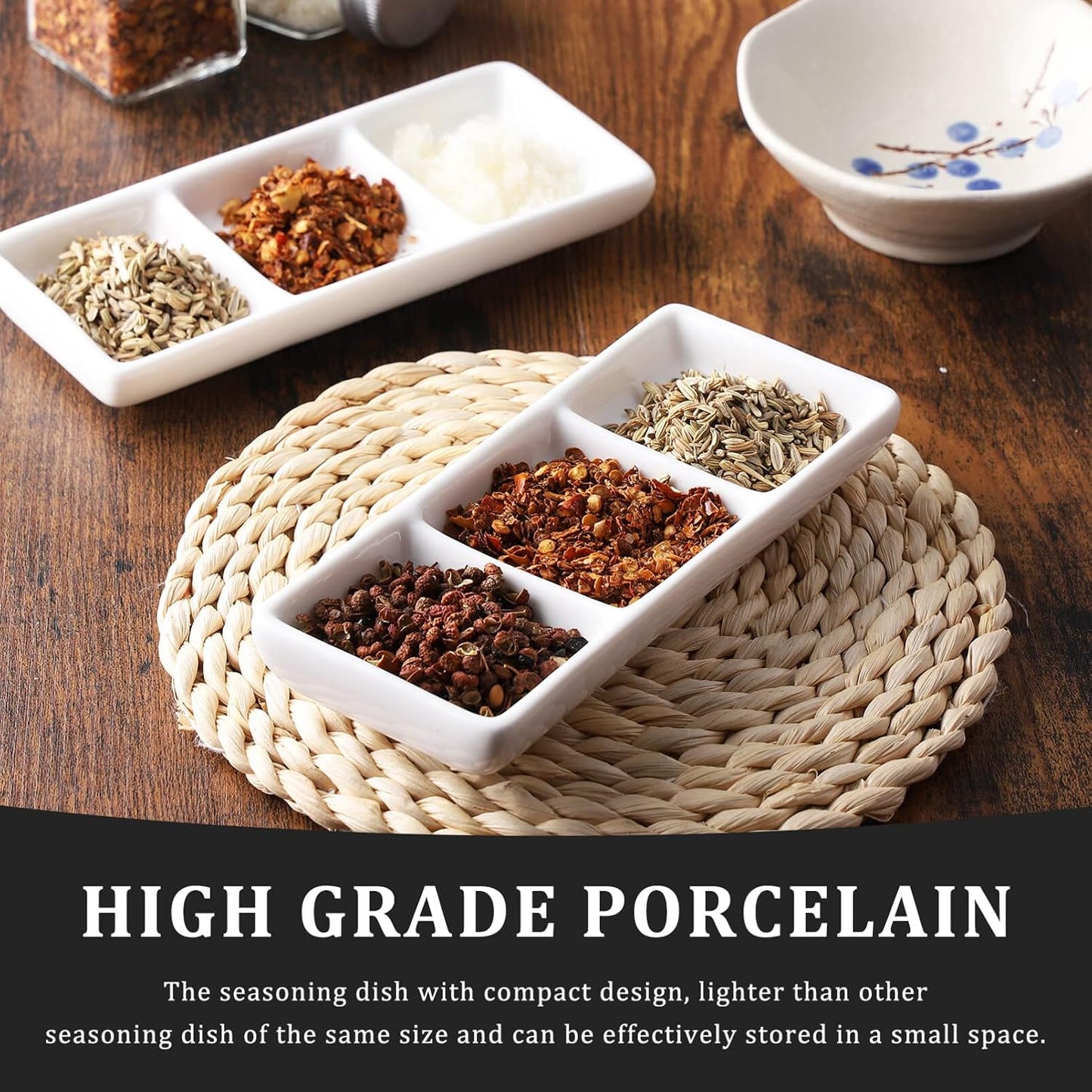 Yardwe Ceramic 3-Compartment Appetizer Serving Tray Rectangular Divided Sauce Dishes for Soy Sauce Spices and Condiments Versatile Snack Platter for Entertaining