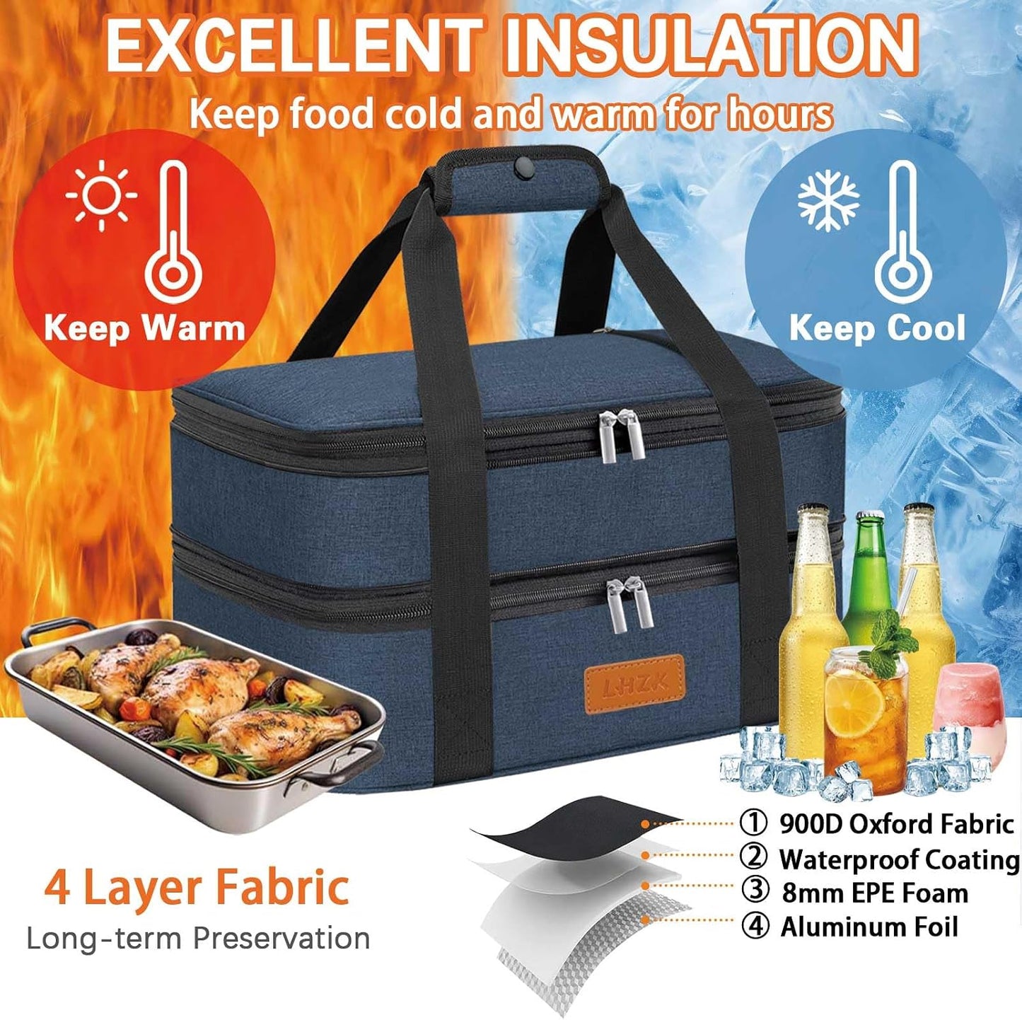 LHZK Insulated Casserole Carriers for Hot or Cold Food, Lasagna Holder Tote for Potluck Parties, Beach, Picnic, Travel, Fits 11x15 or 9x13 Dish (Black)