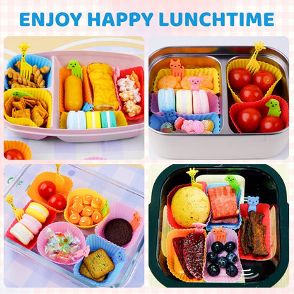 60 Pcs Silicone Lunch Box Dividers - Bento Box Accessories, Silicone Cupcake Liners Reusable Muffin Cups for Baking with Animal Food Picks (30 Cupcake Cups + 30 Picks)