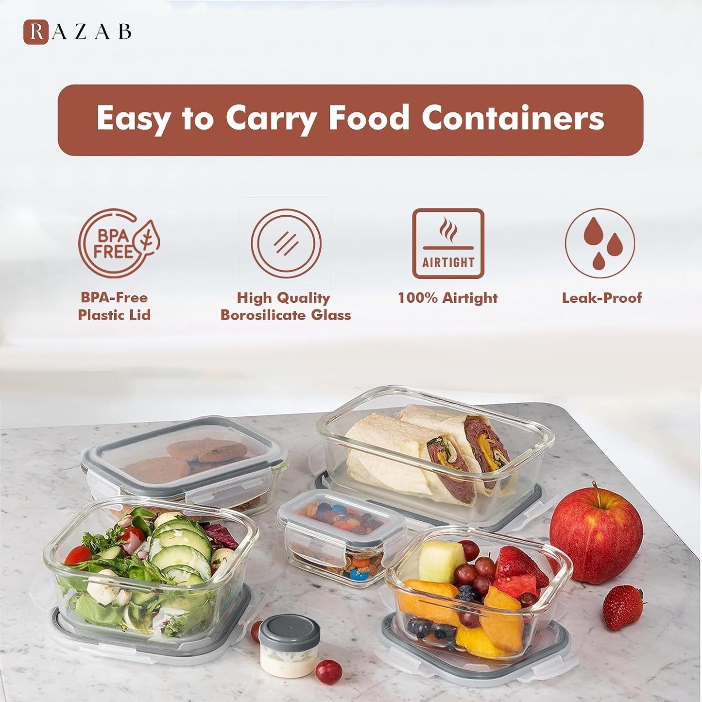 Razab 35 Pc Set Glass Food Storage Containers with Lids - Meal Prep Airtight Bento Boxes BPA-Free 100% Leak Proof (15 lids,15 glass & 5 Plastic Sauce/Dip Containers)