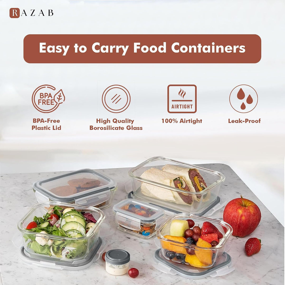 Razab 35 Pc Set Glass Food Storage Containers with Lids - Meal Prep Airtight Bento Boxes BPA-Free 100% Leak Proof (15 lids,15 glass & 5 Plastic Sauce/Dip Containers)