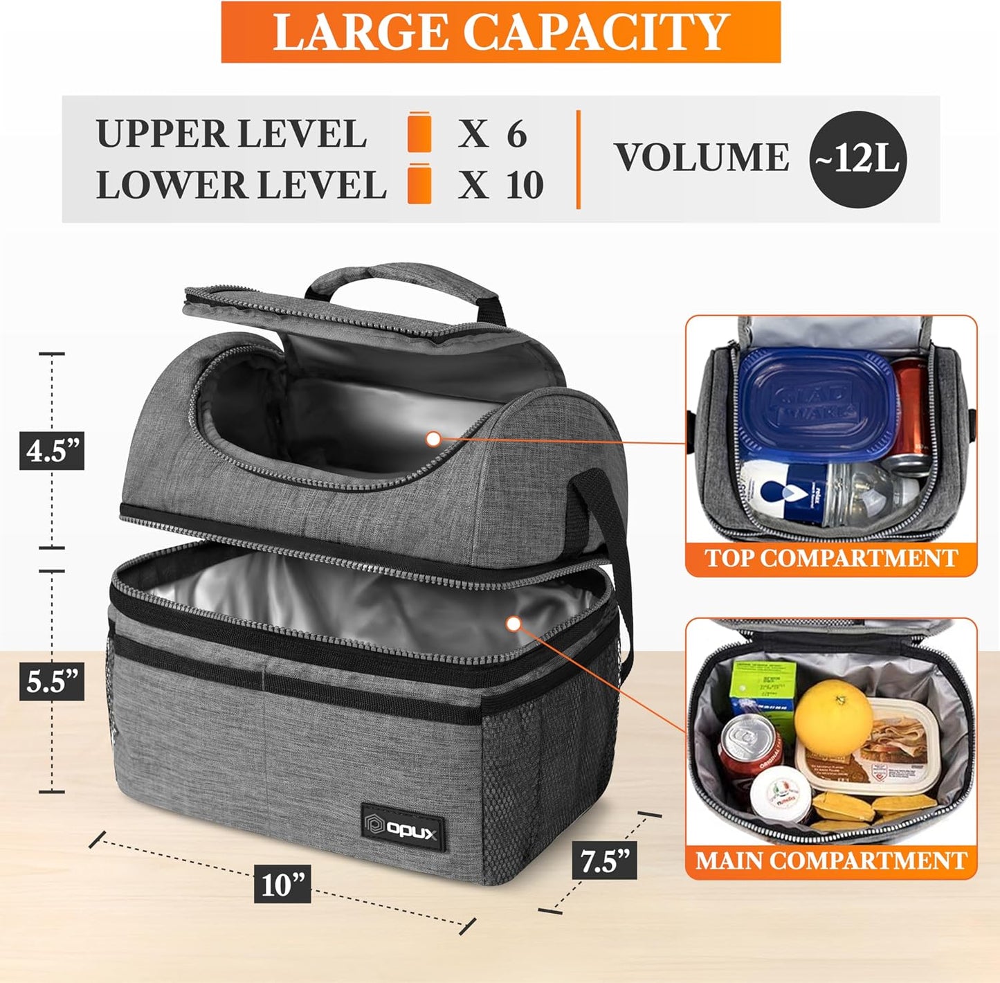 opux Insulated Lunch Bag for Men Women, Double Decker Leakproof Lunch Box Cooler Tote with Shoulder Strap, Large Lunchbox for Work School Travel Meal Prep, Adults Kids Boys Girls, Green, 16 Cans