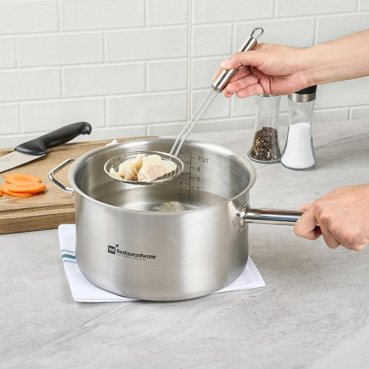 Restaurantware Stainless Steel Spider Skimmer - German Standard Wire Skimmer with Ergonomic Handle, Dishwasher Safe - Wire Strainer Pasta Spoon for Cooking & Frying