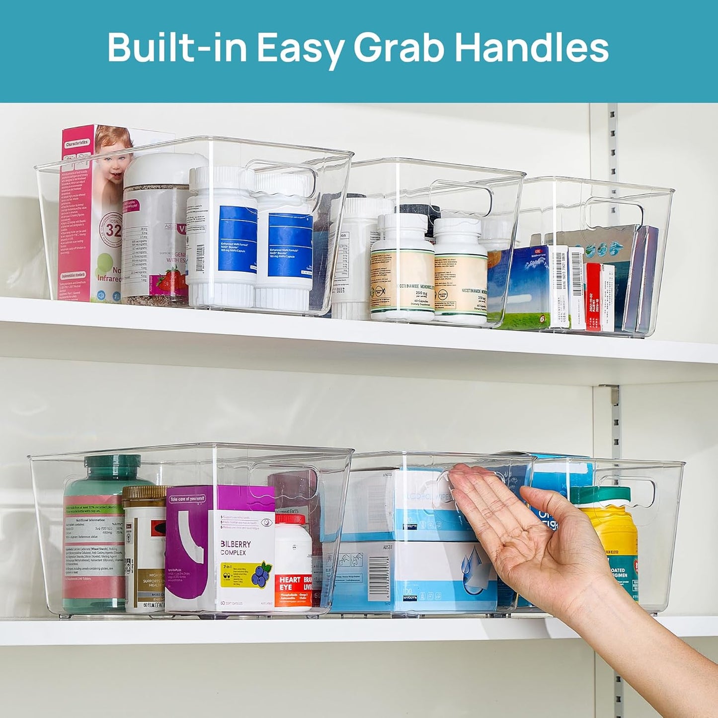 Vtopmart Clear Plastic Storage Bins, 6 PCS Pantry Organizer Bins with Handle for Refrigerator, Fridge, Cabinet, Kitchen, Countertops, Cupboard, Freezer Organization and Storage, Large
