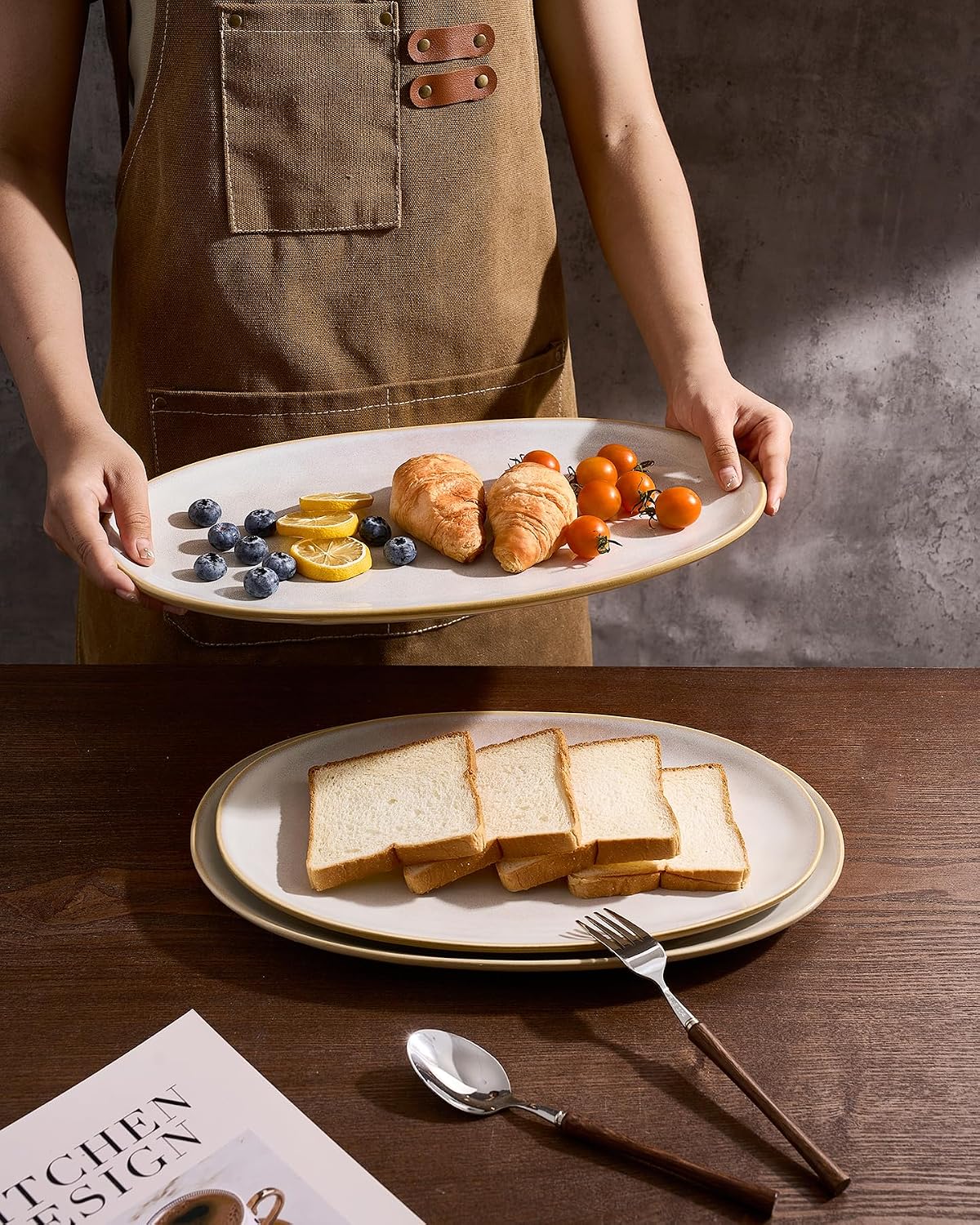 famiware Serving Platter, Oval 15.59/14.3/12.9inch Serving Dishes for Entertaining, Serving Bowls, Microwave Safe, Stoneware Serving Trays for Party, Food, Turkey, Cheese, Ocean Series, Vanilla White